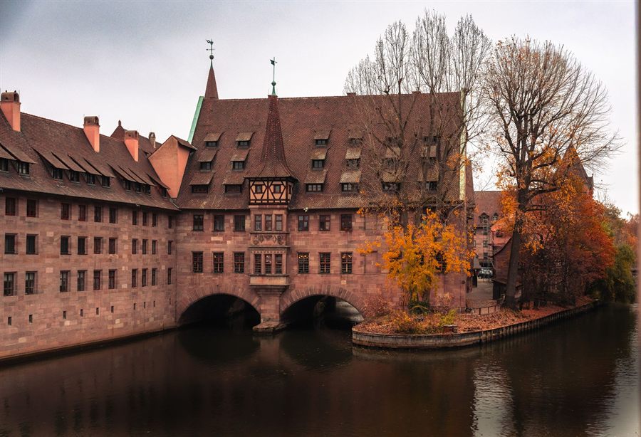 Old hospital building over the Pegnitz river in Nuremberg