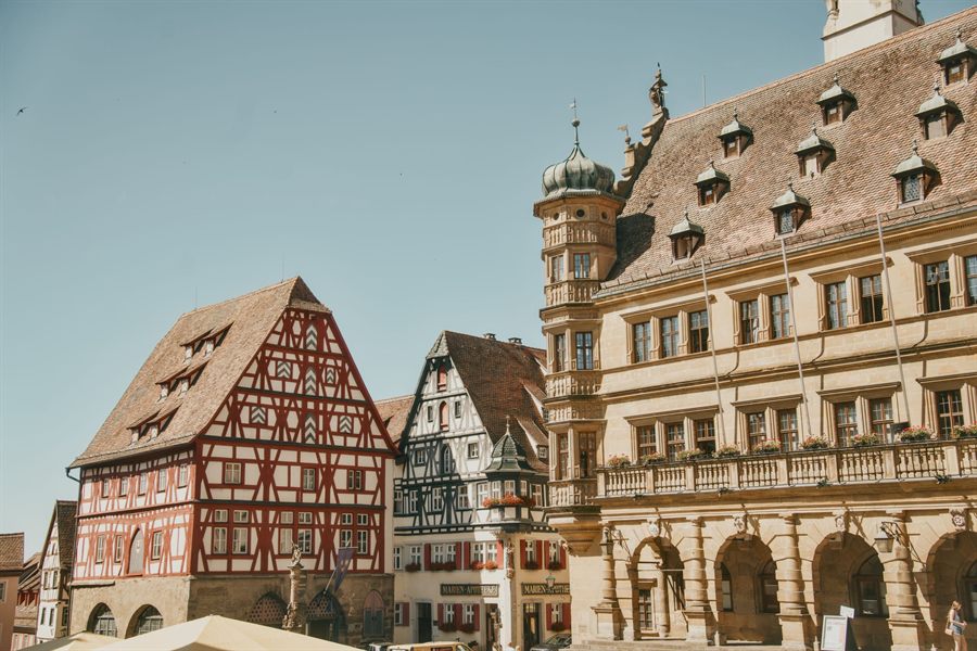 Half-timbered houses and town hall in Rothenburg